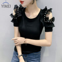 YIMEI 2023 summer new fashion diamond inlaid womens t-shirt crimped ear edge short sleeve off shoulder top womens foreign style slimming versatile stripe t-shirt trend