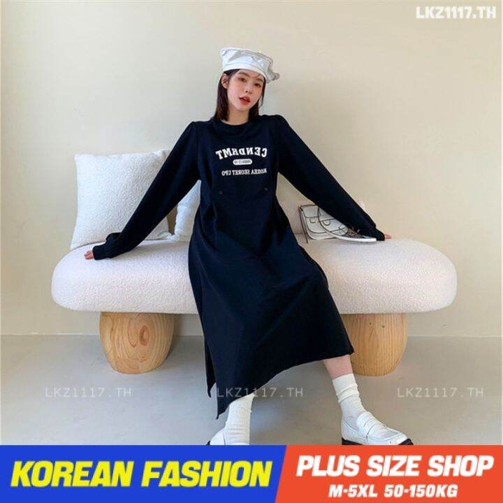 plus-size-เสื้อผ้าสาวอวบ-เดรสสาวอวบอ้วน-ไซส์ใหญ่-ผู้หญิง-ทรงหลวม-แขนยาว-คอกลม-พิมพ์-ฤดูใบไม้ร่วง-สไตล์เกาหลีแฟชั่น