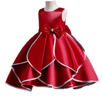 ZZOOI New Girls Dress Birthday Princess Dress Sleeveless Color-blocking Bowknot Flower Girl Wedding Poncho Dress