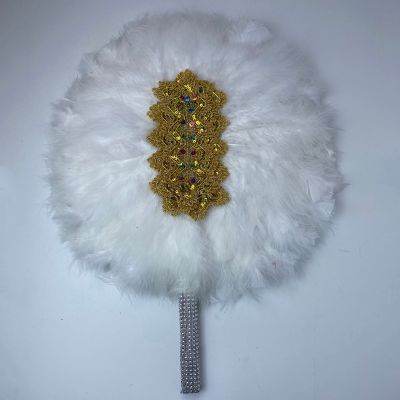 1pcs Double Side Evantaille Mariage Africain Turkey Feather Handle Fan for Dance Party Wedding Decoration Fan with Sequins Lace