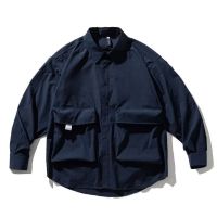 Retro Cargo Shirt Men New Plain Big Pockets Casual Navy Blue Grey