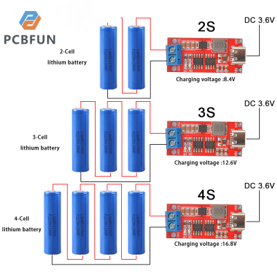pcbfun 2S 3S 4S Type-C ถึง8.4V 12.6V16.8V Boost Lithium B-Attery โมดูลขั้วต่อ Li‑ion B-Attery Charger Board Polymer Li-Ion Charger