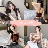 DD SHOPพร้อมส่ง 85151 เสื้อไหมพรมผูกคอ ผูกหลัง ลายสตอเบอรร์รี่ น่ารักมาก -C