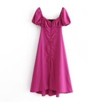 2021Tangada 2021 fashion women solid hotpink dress pleated puff short sleeve ladies casual midi dress vestidos 3H671