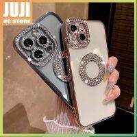 JUJI หรูหราเพชร Socialite เคสกันกระแทกสำหรับ iPhone 15 14 PRO MAX PLUS 13 12 11 PRO MAX สีม่วงความงามแถบโปร่งใสโลโก้ Apple ที่แนบมาอย่างเต็มที่พรีเมี่ยมฝาหลัง