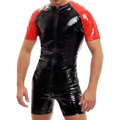 TOP☆Men Patent Leather Jumpsuit Shaping Shiny Elastic PVC Faux Leather Catsuit Glossy Open Crotch