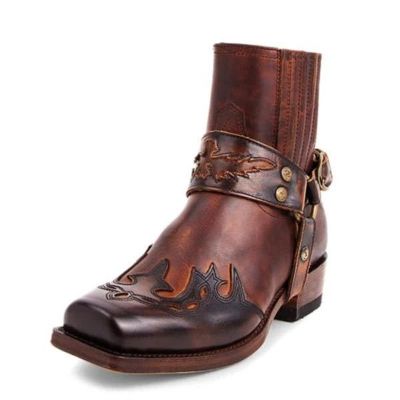 TOP☆Fashion Mens Vintage Cowboy Boots Leather High Top Chain Buckle Strap Punk Shoes Pointed Toe Biker Men Boots