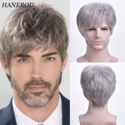 HANEROU Mens Silvery White Mixed Short Wig Synthetic Straight Natural Hair Heat Resistant Wig For Daily Party Cosplay