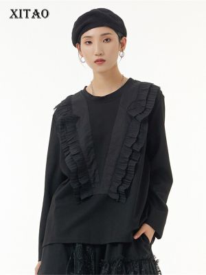 XITAO T-Shirt Black Full Sleeve Casual Women Ruffle T-shirt Top