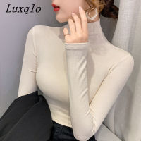 Luxqlo เสื้อยืดแขนยาวคอสูงของผู้หญิง,เสื้อยืดลำลองแบบเกาหลีแฟชั่นเข้ารูปเรียบง่ายเสื้อสีทึบขนาดใหญ่