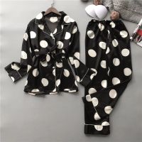 Autumn New Print Satin Pajamas Set Womens Casual Home Wear Long Sleeve Elastic Waist Temperament Sleepwear Two Piece Pajama Set