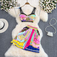 summer two piece set womens suit printed beach outfits for woman 2 pieces crop top high waist pleated skirt y outfits