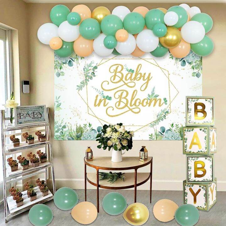 jollyboom-เบบี้บาน-dekorasi-baby-shower-เด็กผู้ชายช่อดอกไม้ประดับสีเขียวบอลลูนอุปกรณ์ทำพวงมาลัยฉากหลังกล่องทารกสีเขียวทารกลายดอกไม้-dekorasi-baby-shower-เด็กผู้ชาย