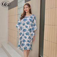 G&amp;G Nightwear รุ่น EN5P26 ชุดนอน กระโปรงปีกค้างคาว แขนสั้น ผ้าซาติน ลายกุหลาบ สีชมพู (PI)