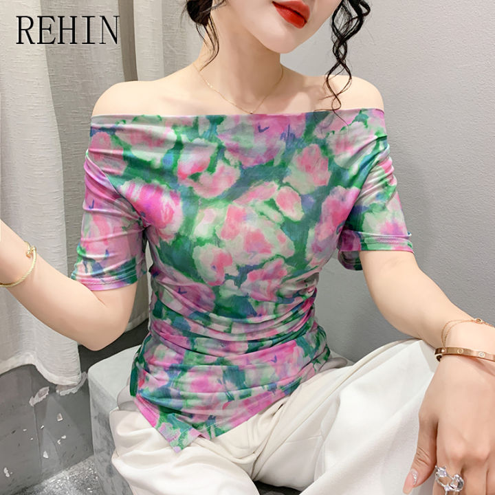 rehin-เสื้อยืดผู้หญิงแขนสั้นพิมพ์ลายหมึก-เสื้อไม่เหมือนใครแฟชั่นใหม่ฤดูร้อน