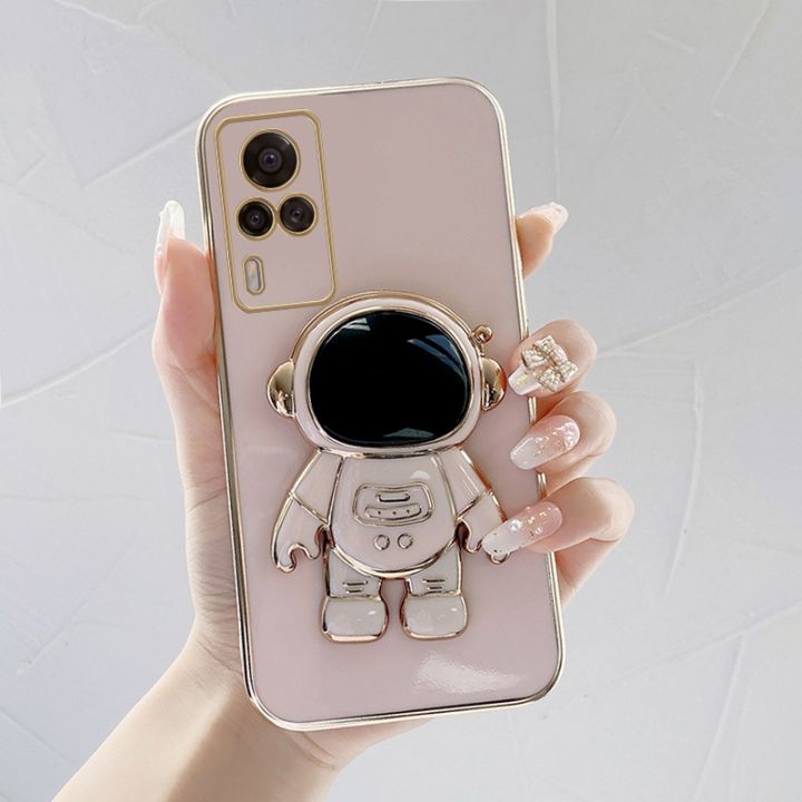 เคสโทรศัพท-เคส-vivo-y51-นักบินอวกาศขาตั้งแบบพับได้แฟชั่นสีทึบหรูหราชุบโครเมียมนุ่ม-tpu-เคสโทรศัพท์สแควร์คลุมทั้งหมดเคสป้องกันกล้อง