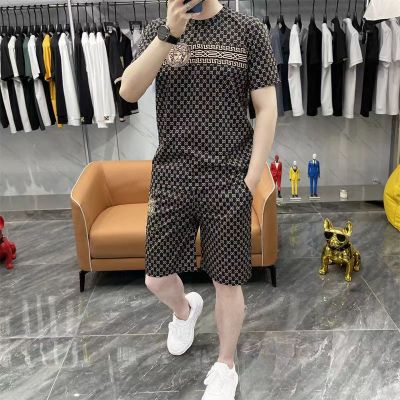 ✑△✑ hnf531 FULAIDA Plaid Printed Short-sleeved Polo Shirt Suit Mens Trend Handsome Summer New Mens Shorts Two-piece Suit
