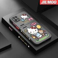 เคส JIUMOO สำหรับ OPPO A15 A15s A35 4G เคสลายการ์ตูนแฮปปี้ฮัลโหลคิตตี้บางขอบสี่เหลี่ยมด้านข้างดีไซน์ใหม่มีน้ำค้างแข็งโปร่งใสกันกระแทกเคสมือถือแข็งปลอกซิลิโคนคลุมทั้งหมดเคสป้องกันกล้องนุ่ม