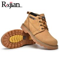 R.XJIANNew Four Season Mens Leather Martin Boots Workwear Outdoor Walking Anti Slip Wear Resistant High Top Casual Hiking Shoes