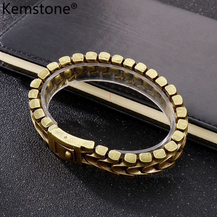 kemstone-สร้อยข้อมือสแตนเลสสตีลชุบทองเงินวินเทจสำหรับผู้ชาย