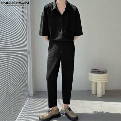 INCERUN ชุดวอร์มสำหรับบุรุษ2ชิ้นชุดชุดลำลองใส่อยู่บ้านสำหรับเล่นยิมเสื้อและกางเกงชุดสูท (สไตล์เกาหลี)