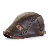 R PU Leater Beret Ats สำหรับผู้ชายฤดูใบไม้ร่วงฤดูหนาว Faux Leater Beret At Middle-SEALED Men S Visor Warm Flat Peaked หมวกปรับ