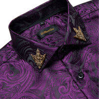 ยี่ห้อผู้ชายสีม่วง Paisley เสื้อแขนยาวธุรกิจอย่างเป็นทางการชุดปุ่มเสื้อคอปกชายเสื้อลำลองเสื้อ DiBanGu