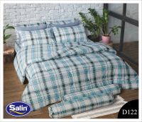 ผ้าปูที่นอนซาติน Satin รหัสสินค้า D122 ลายตารางสีเขียว ขาว ฟ้า GREEN WHITE BLUE ลายทาง ขนาด 3.5ฟุต 5ฟุต และ 6 ฟุต สำหรับที่นอนสูง 8 นิ้ว