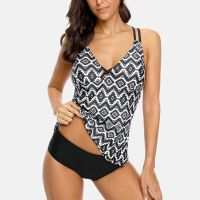 Charmo Womens Two Pieces Swimsuit Geometric Printed Swimwear Back Strappy Tankini Set Padded y Bikini Beach Wear