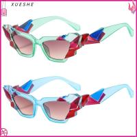 XUESHE สีสันสดใส สีลูกอมสี การไล่ระดับสี ไม่ซ้ำใคร แว่นตากันแดดทรงตาแมว เฉดสีของผู้หญิง แว่นตากันแดดสำหรับผู้หญิง แว่นตารูปหลายเหลี่ยม