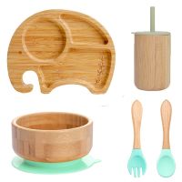 Bite Bites 5Pcs/Set Childrens Tableware Baby Bowl Plate Fork Spoon Cup Suction Feeding Food Bamboo Tableware BPA Free Non-Slip