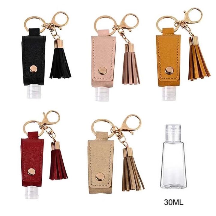 hand-sanitizer-leather-keychain-holder-travel-bottle-refillable-container-30ml-flip-reusable-bottle-with-tassel-keychain-carrier