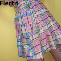 Flectit Pas Rainbow Plaid Cargo Skirt with Chain &amp; Oversized Pocket Pleated Mini Skirt for Women Harajuku Girls *