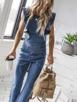 เซ็กซี่ฤดูร้อน Backless Denim Rompers ผู้หญิง Jumpsuit แขนกุด Ruffles Design Casual Streetwear Overalls