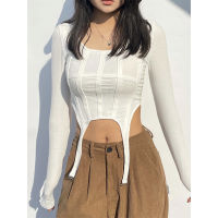 French Retro Design Sense Hem Bottoming T-shirt Solid Color Short Top Square Collar Slim Long-sleeved Y2k T-shirt Women