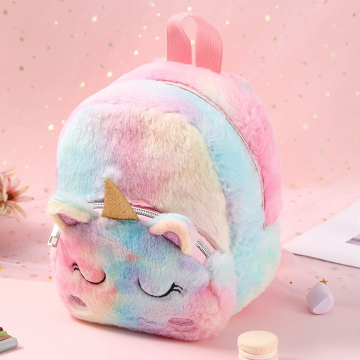 cartoon-unicorn-plush-soft-fur-schoolbag-kawaii-preschool-bag-lovely-fashion-gradient-color-simple-portable-children-back-pack