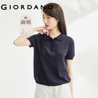 GIORDANO ผู้หญิง ผ้าลินินธรรมชาติผ้าฝ้ายถักเสื้อกันหนาว POLO แขนสั้นสีทึบ Free Shipping 05353301