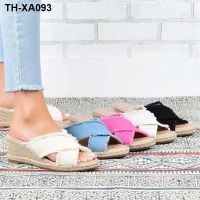 ?❉ Slope heel sandals and slippers womens summer outer fashion thick bottom straw fisherman heightening muffin high half drag large size 43