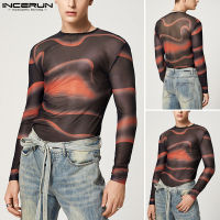 Beehoo INCERUN Mens Vintage Long Sleeve See Through Printed T Shirts Hippie Party Disco Blouse Tee Top (สไตล์ตะวันตก)