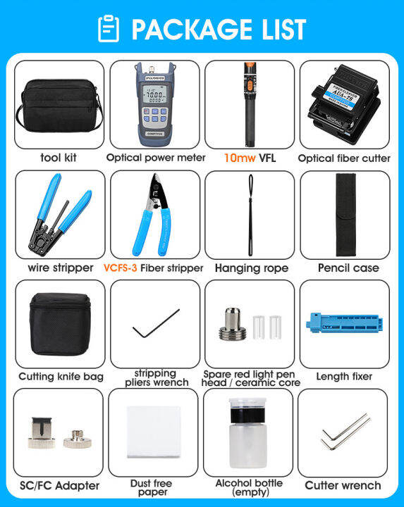 19pcsset-ftth-fiber-optic-tool-kit-with-70-10dbm-optical-power-meter-10mw-visual-fault-locator-free-shipping