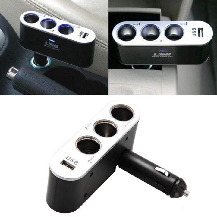 huiyisunny Dc 3 Way Usb Socket Car Power Adapter Splitter Portable