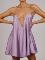 【YF】 Elegant Diamante Chain Satin Low Back Swing Dress with Iridescent Crystal Straps and Neck Sexy Celebrity Party Club Mini