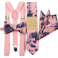 ✢ Hot Colors Pink Navy Elastic Suspender Floral Cotton Bow 6cm Tie Pocket Square Set Men Wedding Party Brace Cravat Gift Accessory