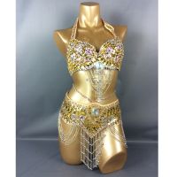 2 Hot Selling Women Beaded Sequins Belly Dancing Suite Belt+Bra Samba Costumes Club USA Bra Size 34B,36B,38B,40B,34D,36D,38D,40D