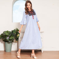 2021 New Summer Dress Women Blue Striped Vintage Tassel Lace Floral Embroidered O-neck 34 Ruffle Sleeve Robes Midi Dresses