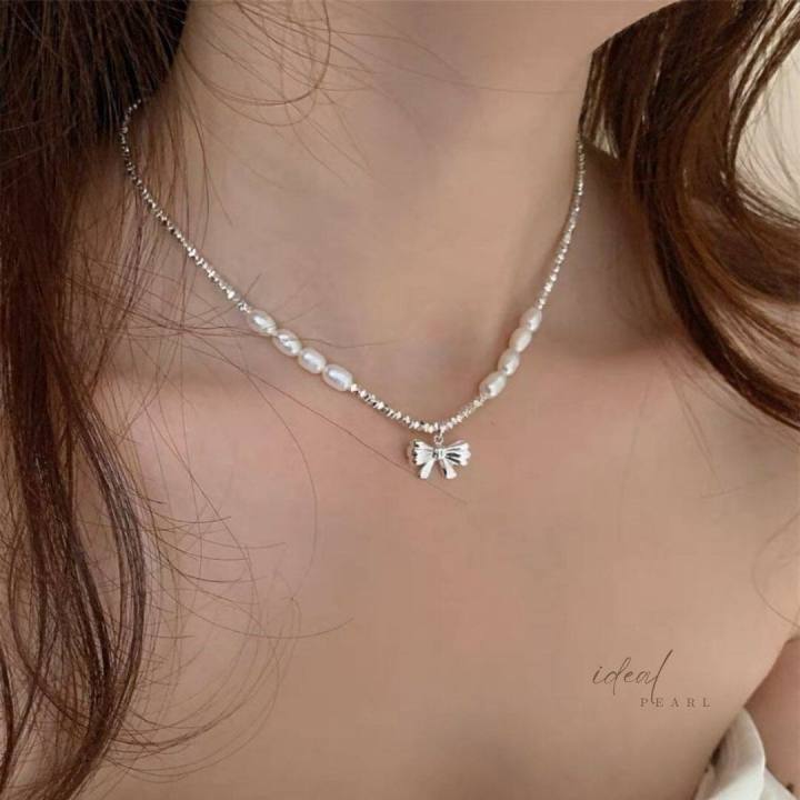 ideal-สร้อยมุกคู่เพชร-pearl-bows-จี้มุกธรรมชาติแท้100-เรียกทรัพย์-สร้อยคอเงินแท้-สร้อยคอมุก-สร้อยเงิน-สร้อยมุก-สอยคอน่ารักๆ-สร้อยมุกแฟชั่น