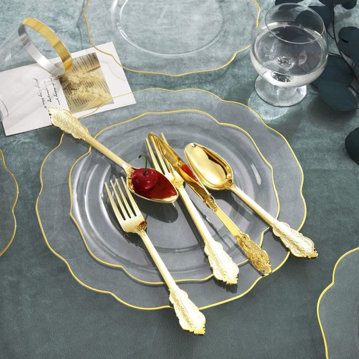 cw-60pcs-disposable-tableware-transparent-gold-rim-plastic-plate-cup-silverware-birthday-wedding-supplies