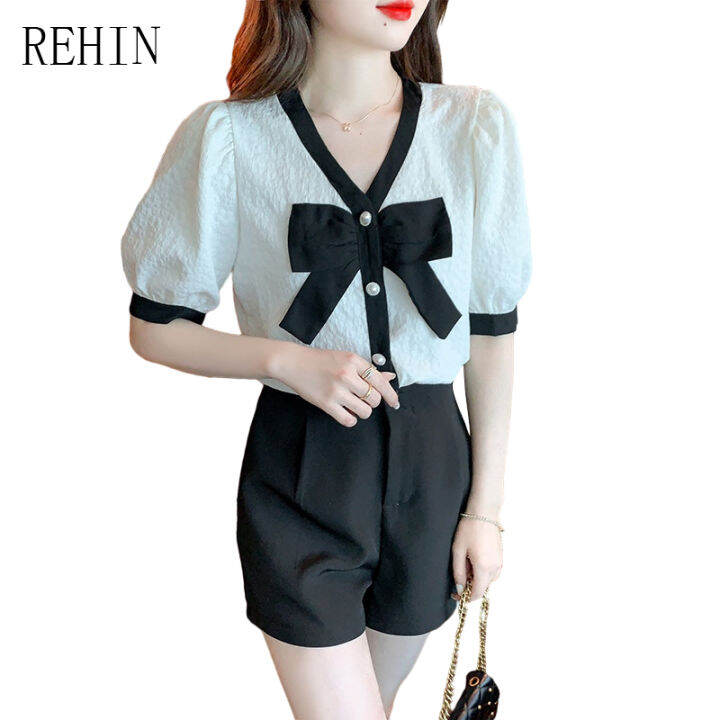 rehin-ผู้หญิงฤดูร้อนใหม่เกาหลีรุ่น-all-match-bow-tie-collar-เย็บ-v-คอเสื้อแขนสั้นแนวโน้มเสื้อ-elegant