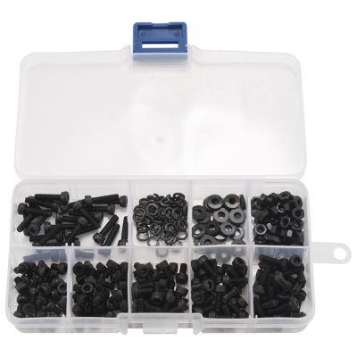 300 Pcs Nuts Bolts Set Hex Bolts Nut and Washer Assortment Screws Bolts M3 Tool Kit with Plastic Box (Black)