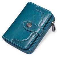 Genuine Ladies Short Wallet Two Fold Womens Zipper Retro Oil Wax Leather Wallet 【QYUE】
